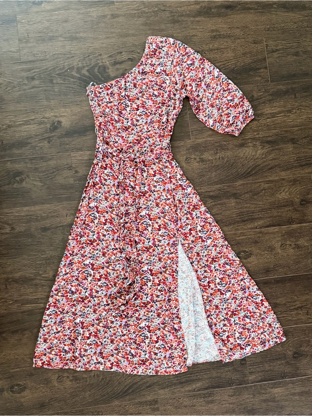 American Eagle Outfitters Red Multi One-Shoulder Floral Midi Dress